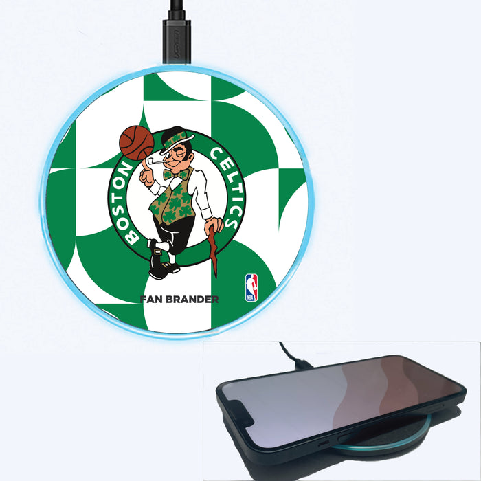 Fan Brander Grey 15W Wireless Charger with Boston Celtics Primary Logo on Geometric Circle Background