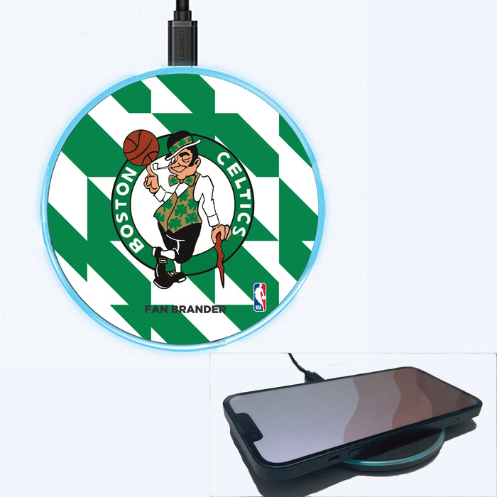 Fan Brander Grey 15W Wireless Charger with Boston Celtics Primary Logo on Geometric Quad Background