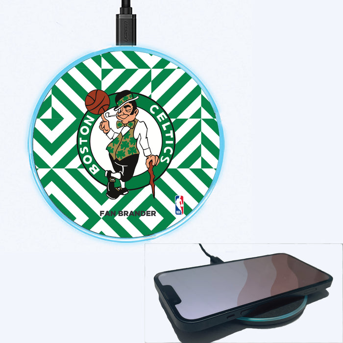 Fan Brander Grey 15W Wireless Charger with Boston Celtics Primary Logo on Geometric Diamonds Background