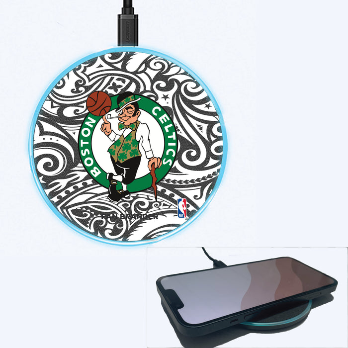 Fan Brander Grey 15W Wireless Charger with Boston Celtics Primary Logo With Black Tribal