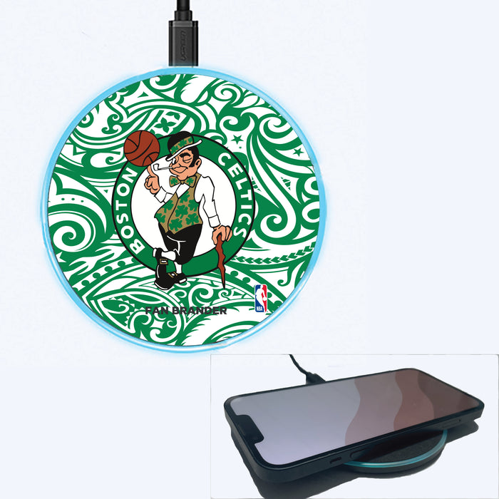 Fan Brander Grey 15W Wireless Charger with Boston Celtics Primary Logo With Team Color Tribal Background