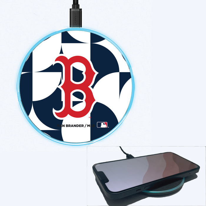 Fan Brander Grey 15W Wireless Charger with Boston Red Sox Primary Logo on Geometric Circle Background