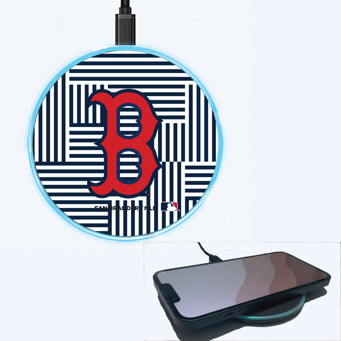 Fan Brander Grey 15W Wireless Charger with Boston Red Sox Primary Logo on Geometric Lines Background