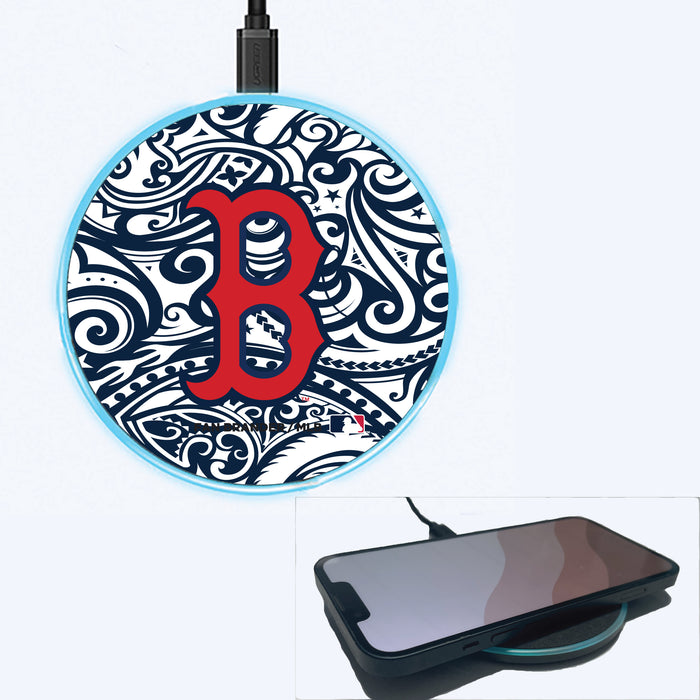 Fan Brander Grey 15W Wireless Charger with Boston Red Sox Primary Logo With Team Color Tribal Background