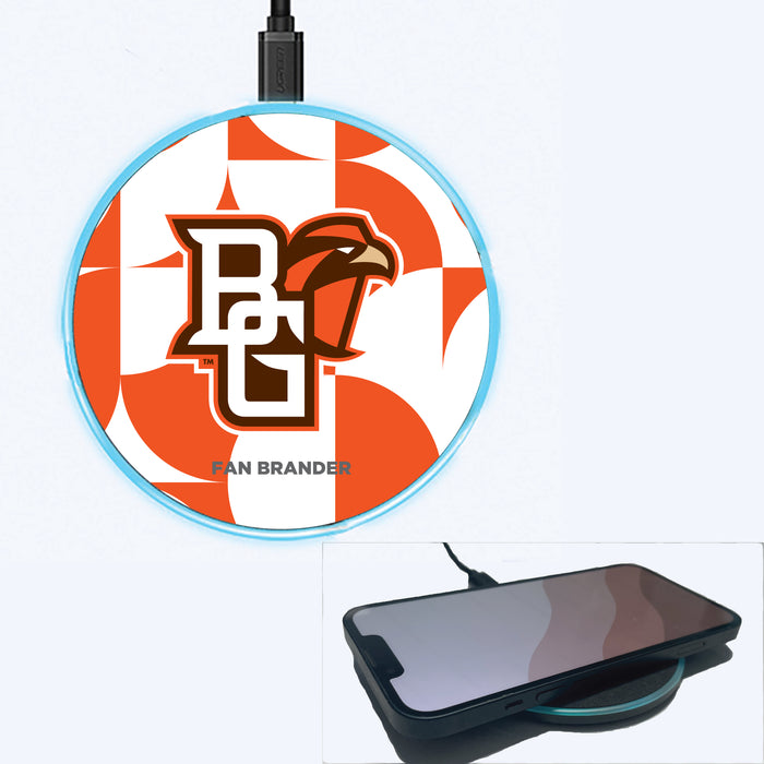 Fan Brander Grey 15W Wireless Charger with Bowling Green Falcons Primary Logo on Geometric Circle Background