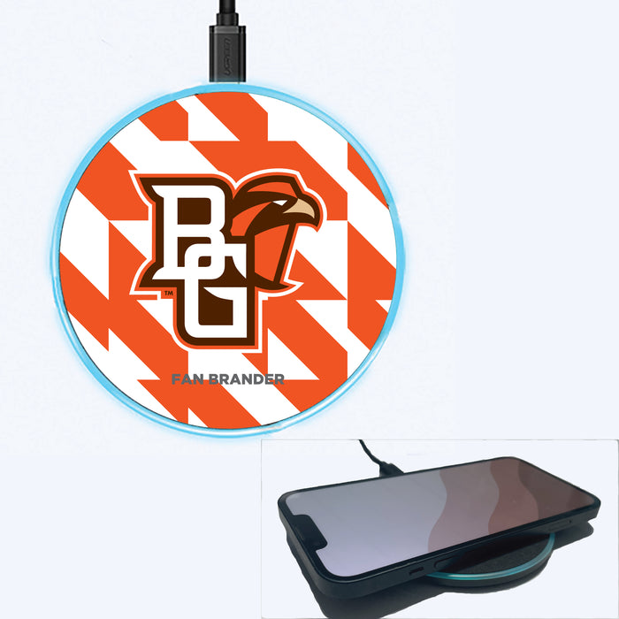 Fan Brander Grey 15W Wireless Charger with Bowling Green Falcons Primary Logo on Geometric Quad Background