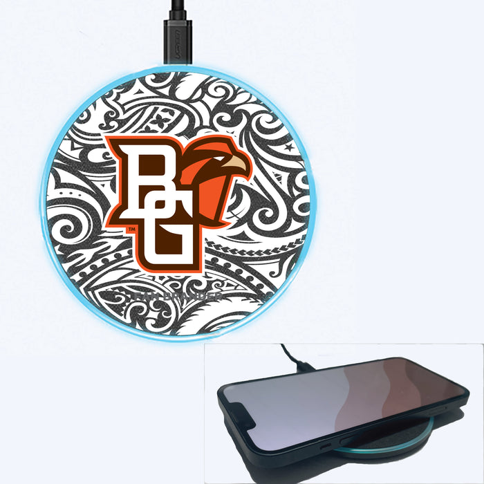 Fan Brander Grey 15W Wireless Charger with Bowling Green Falcons Primary Logo With Black Tribal