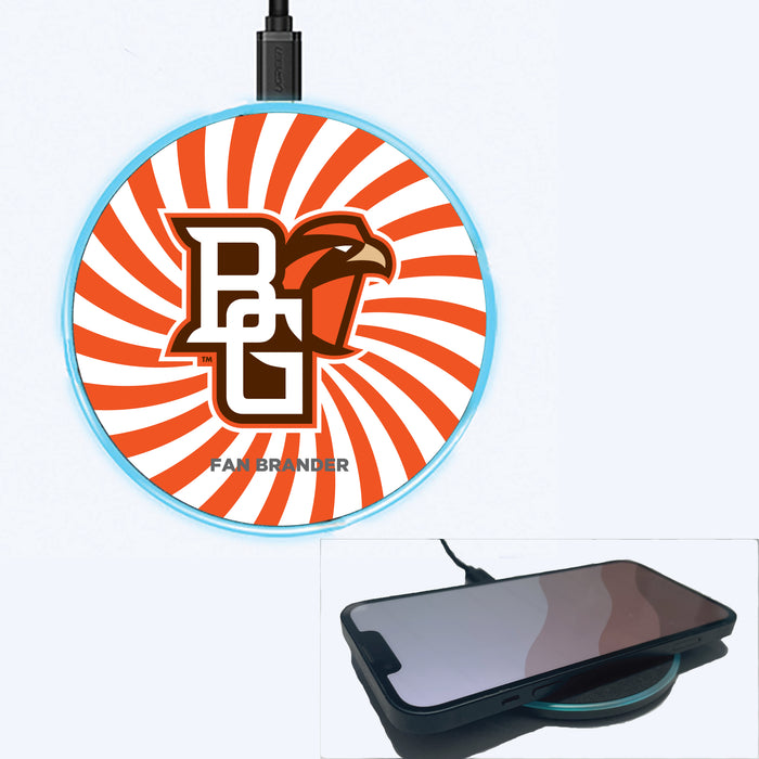 Fan Brander Grey 15W Wireless Charger with Bowling Green Falcons Primary Logo With Team Groovey Burst