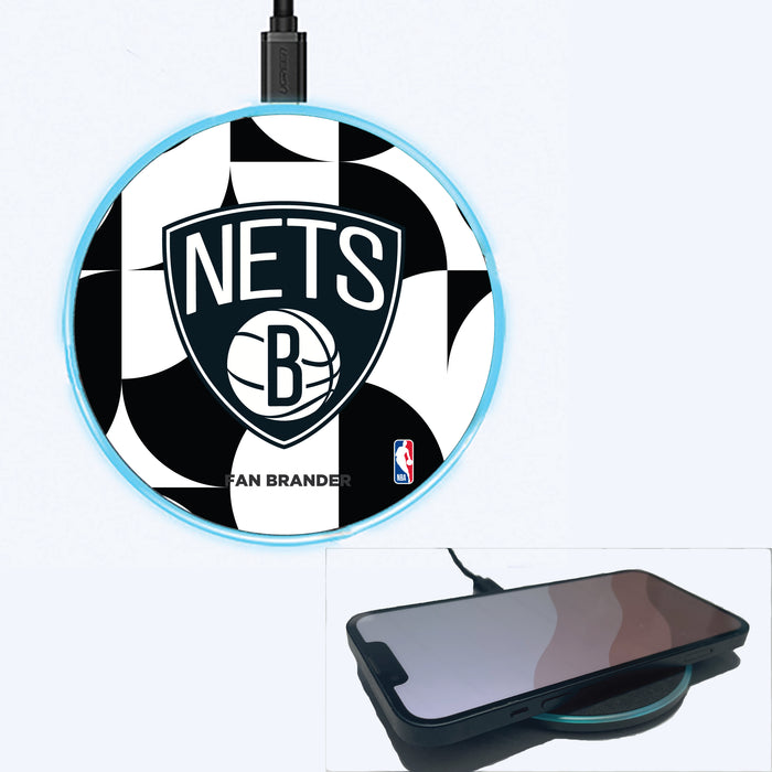 Fan Brander Grey 15W Wireless Charger with Brooklyn Nets Primary Logo on Geometric Circle Background