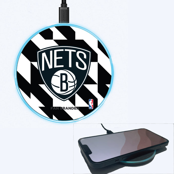 Fan Brander Grey 15W Wireless Charger with Brooklyn Nets Primary Logo on Geometric Quad Background