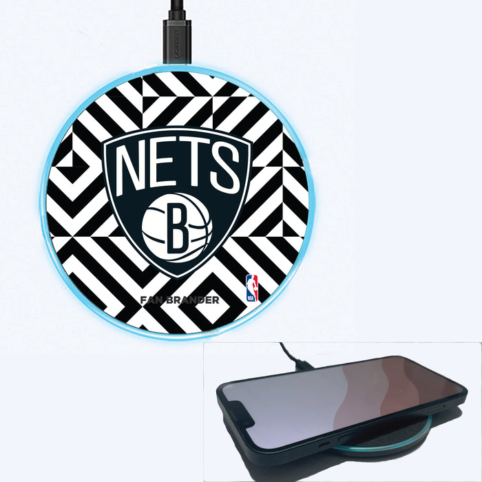 Fan Brander Grey 15W Wireless Charger with Brooklyn Nets Primary Logo on Geometric Diamonds Background