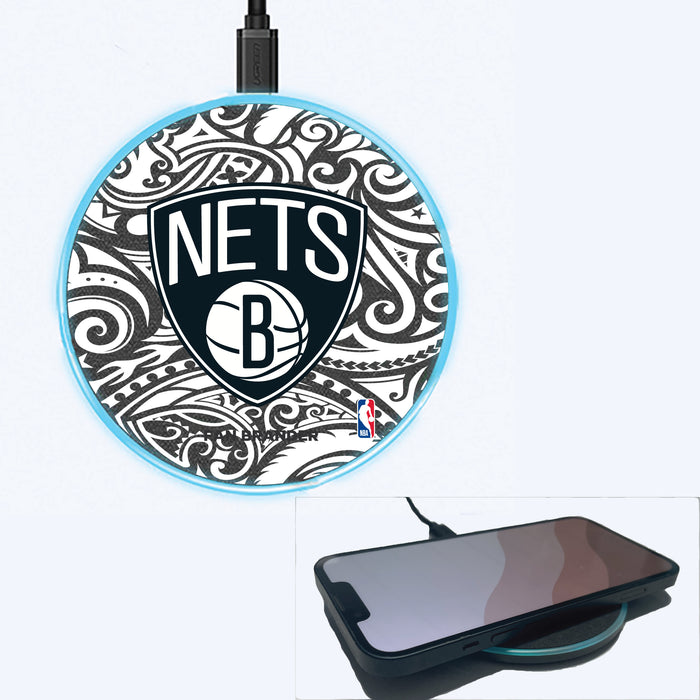 Fan Brander Grey 15W Wireless Charger with Brooklyn Nets Primary Logo With Black Tribal
