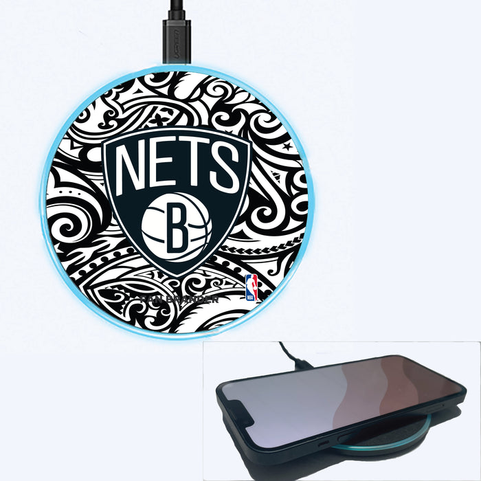 Fan Brander Grey 15W Wireless Charger with Brooklyn Nets Primary Logo With Team Color Tribal Background