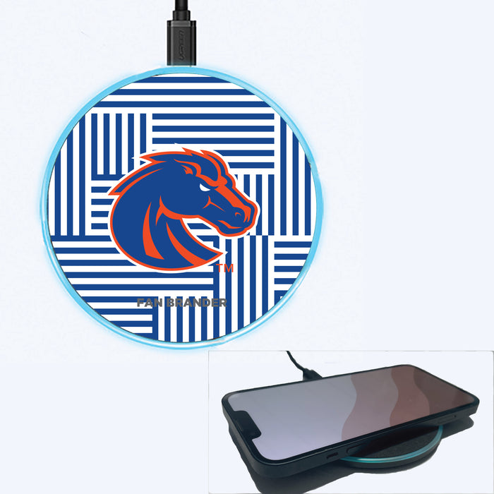 Fan Brander Grey 15W Wireless Charger with Boise State Broncos Primary Logo on Geometric Lines Background