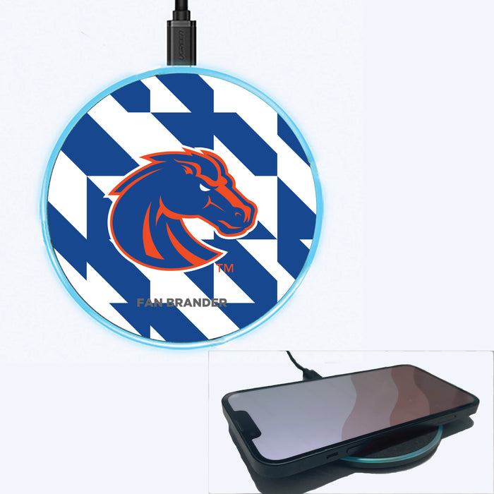 Fan Brander Grey 15W Wireless Charger with Boise State Broncos Primary Logo on Geometric Quad Background