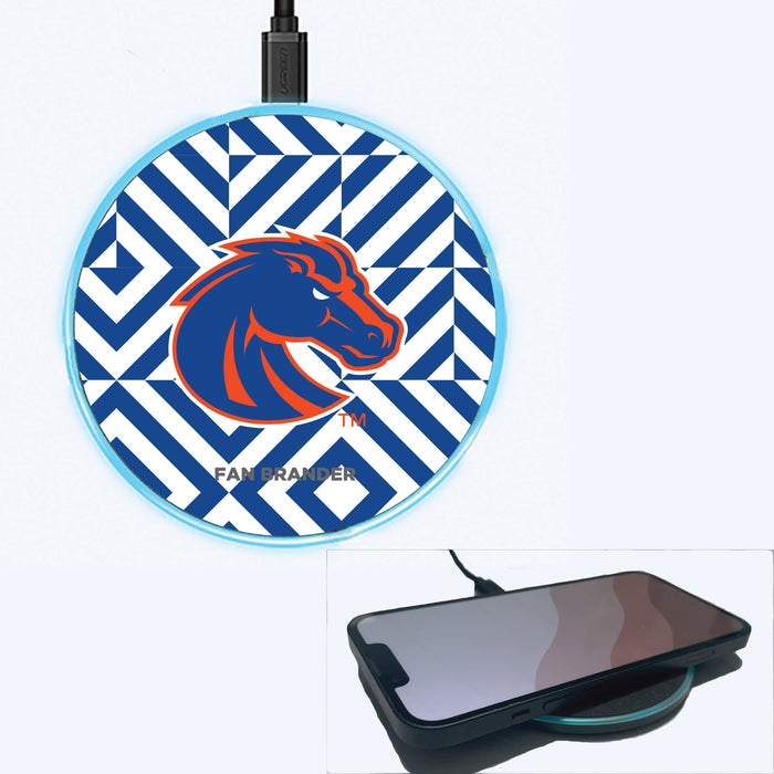 Fan Brander Grey 15W Wireless Charger with Boise State Broncos Primary Logo on Geometric Diamonds Background
