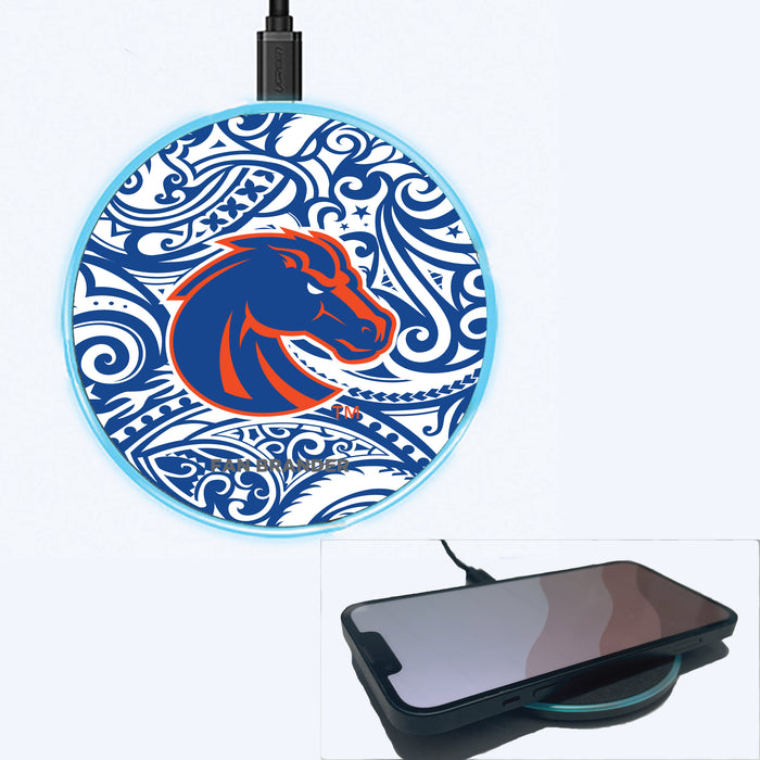 Fan Brander Grey 15W Wireless Charger with Boise State Broncos Primary Logo With Team Color Tribal Background