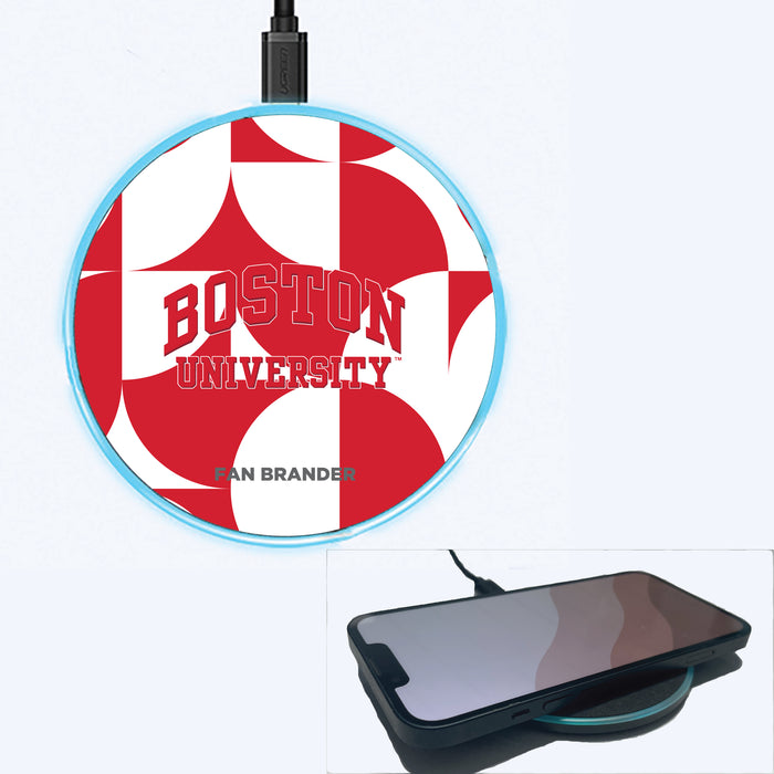 Fan Brander Grey 15W Wireless Charger with Boston University Primary Logo on Geometric Circle Background