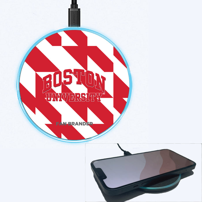 Fan Brander Grey 15W Wireless Charger with Boston University Primary Logo on Geometric Quad Background