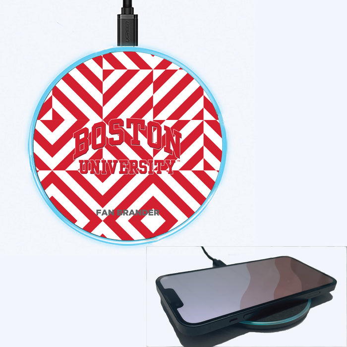 Fan Brander Grey 15W Wireless Charger with Boston University Primary Logo on Geometric Diamonds Background