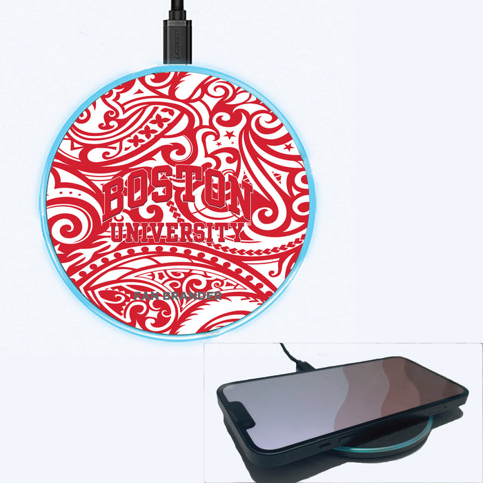 Fan Brander Grey 15W Wireless Charger with Boston University Primary Logo With Team Color Tribal Background