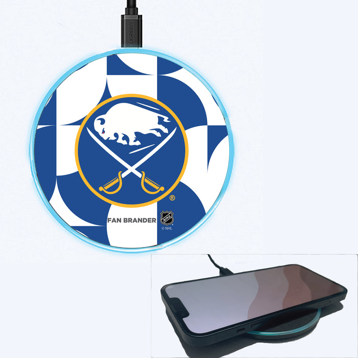 Fan Brander Grey 15W Wireless Charger with Buffalo Sabres Primary Logo on Geometric Circle Background