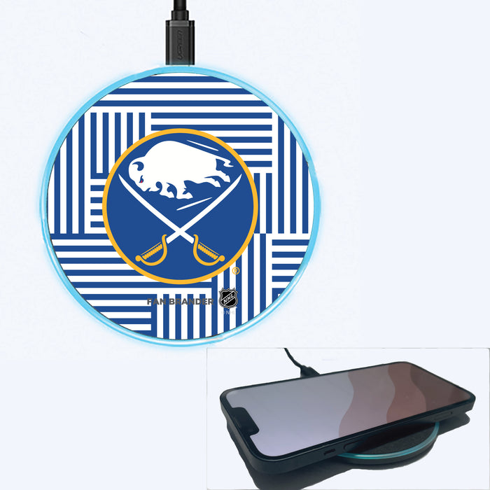 Fan Brander Grey 15W Wireless Charger with Buffalo Sabres Primary Logo on Geometric Lines Background