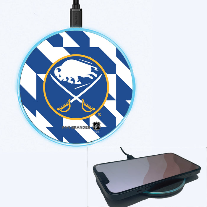 Fan Brander Grey 15W Wireless Charger with Buffalo Sabres Primary Logo on Geometric Quad Background