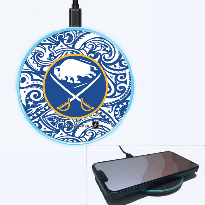Fan Brander Grey 15W Wireless Charger with Buffalo Sabres Primary Logo With Team Color Tribal Background