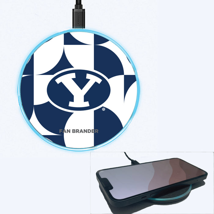 Fan Brander Grey 15W Wireless Charger with Brigham Young Cougars Primary Logo on Geometric Circle Background