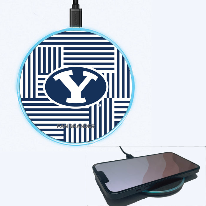 Fan Brander Grey 15W Wireless Charger with Brigham Young Cougars Primary Logo on Geometric Lines Background