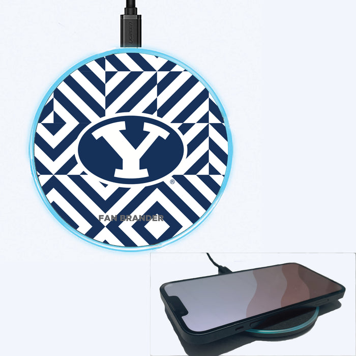 Fan Brander Grey 15W Wireless Charger with Brigham Young Cougars Primary Logo on Geometric Diamonds Background