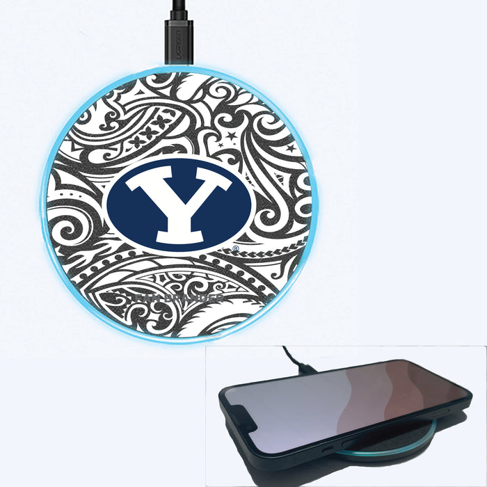 Fan Brander Grey 15W Wireless Charger with Brigham Young Cougars Primary Logo With Black Tribal