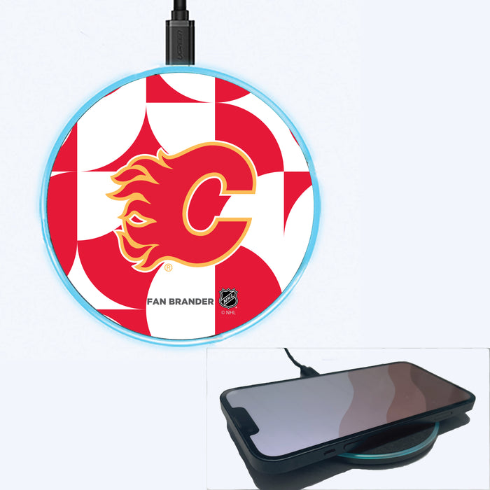 Fan Brander Grey 15W Wireless Charger with Calgary Flames Primary Logo on Geometric Circle Background