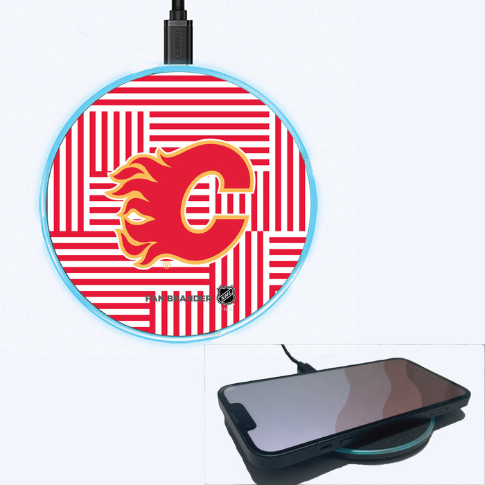 Fan Brander Grey 15W Wireless Charger with Calgary Flames Primary Logo on Geometric Lines Background