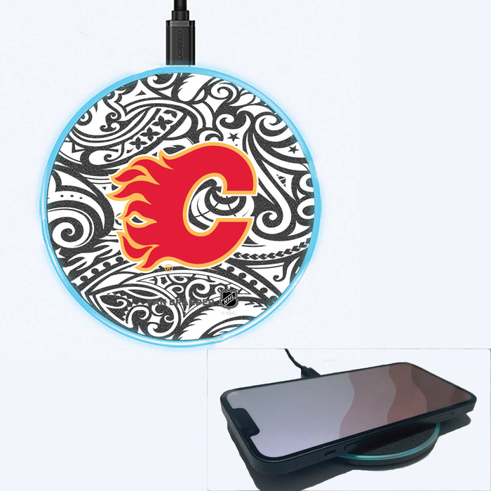Fan Brander Grey 15W Wireless Charger with Calgary Flames Primary Logo With Black Tribal