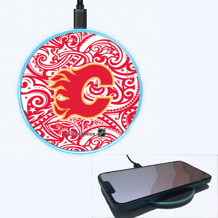 Fan Brander Grey 15W Wireless Charger with Calgary Flames Primary Logo With Team Color Tribal Background