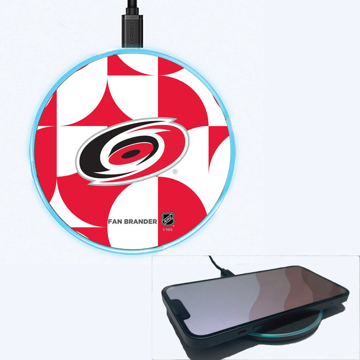 Fan Brander Grey 15W Wireless Charger with Carolina Hurricanes Primary Logo on Geometric Circle Background