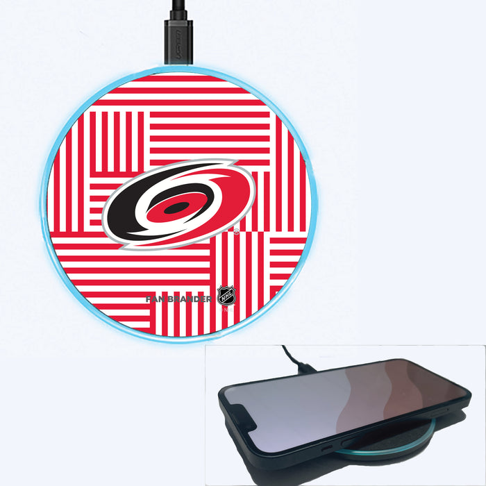 Fan Brander Grey 15W Wireless Charger with Carolina Hurricanes Primary Logo on Geometric Lines Background