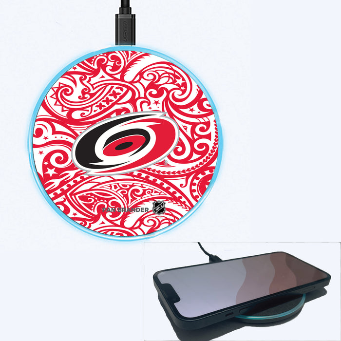 Fan Brander Grey 15W Wireless Charger with Carolina Hurricanes Primary Logo With Team Color Tribal Background