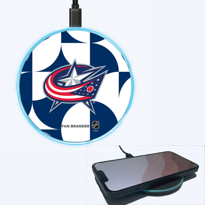 Fan Brander Grey 15W Wireless Charger with Columbus Blue Jackets Primary Logo on Geometric Circle Background