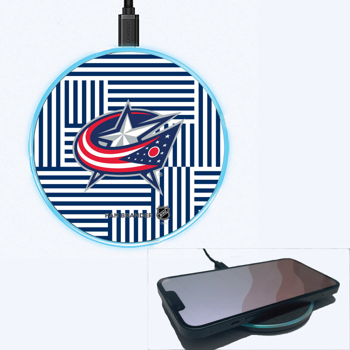 Fan Brander Grey 15W Wireless Charger with Columbus Blue Jackets Primary Logo on Geometric Lines Background