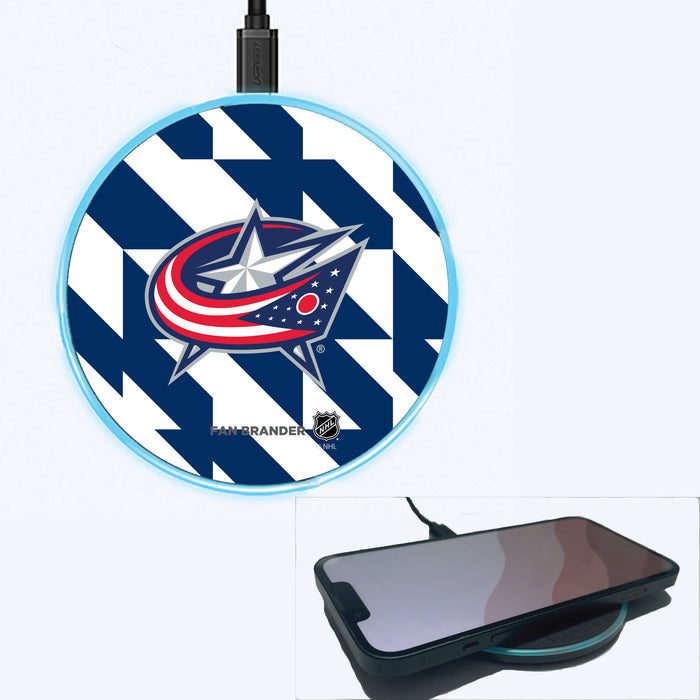 Fan Brander Grey 15W Wireless Charger with Columbus Blue Jackets Primary Logo on Geometric Quad Background