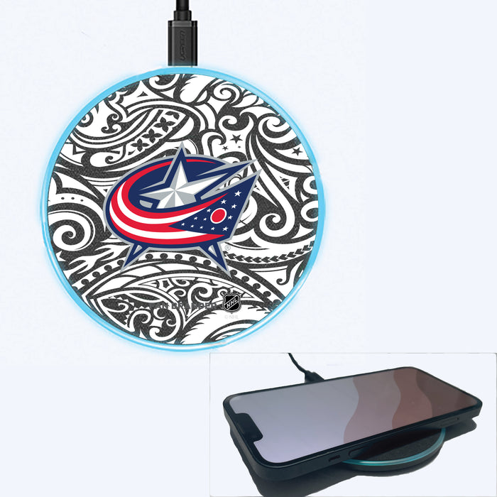 Fan Brander Grey 15W Wireless Charger with Columbus Blue Jackets Primary Logo With Black Tribal