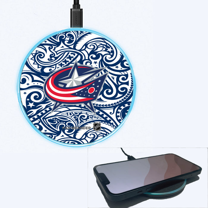 Fan Brander Grey 15W Wireless Charger with Columbus Blue Jackets Primary Logo With Team Color Tribal Background