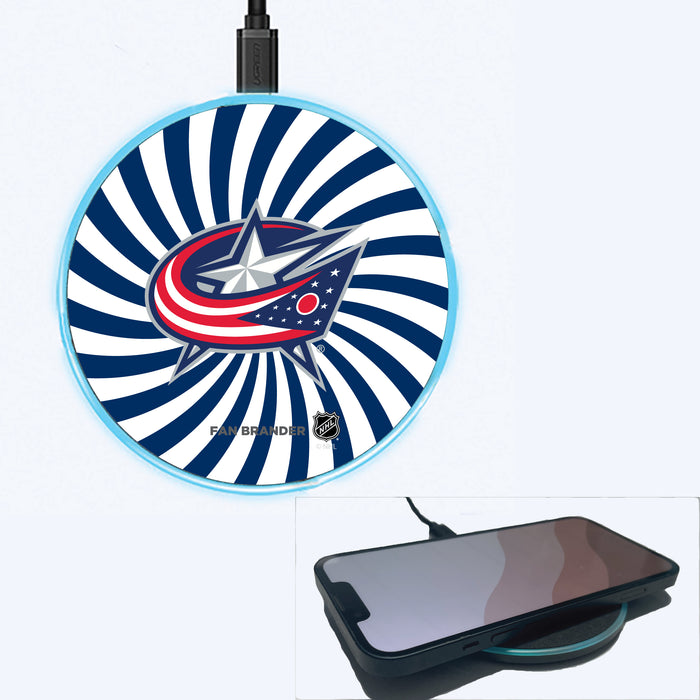 Fan Brander Grey 15W Wireless Charger with Columbus Blue Jackets Primary Logo With Team Groovey Burst