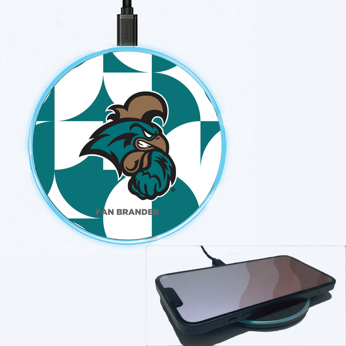 Fan Brander Grey 15W Wireless Charger with Coastal Carolina Univ Chanticleers Primary Logo on Geometric Circle Background