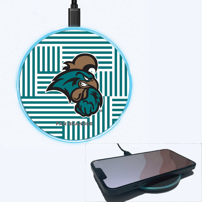 Fan Brander Grey 15W Wireless Charger with Coastal Carolina Univ Chanticleers Primary Logo on Geometric Lines Background