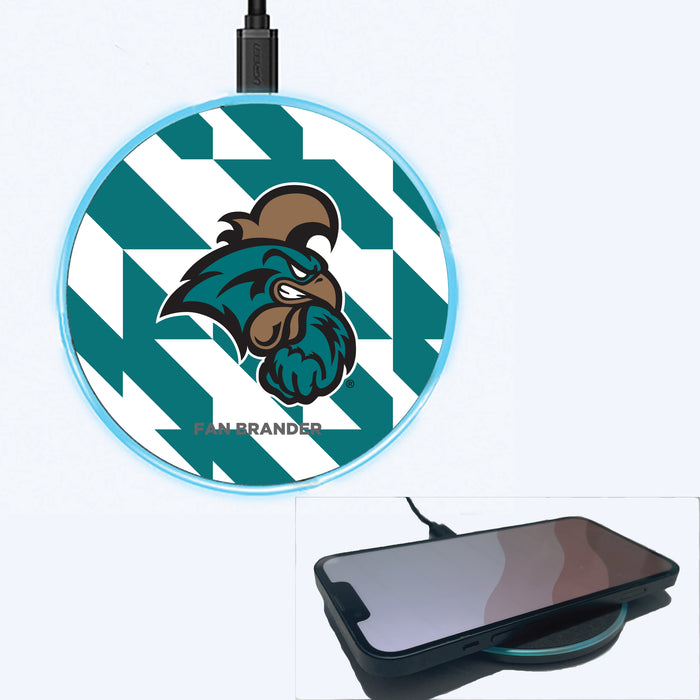 Fan Brander Grey 15W Wireless Charger with Coastal Carolina Univ Chanticleers Primary Logo on Geometric Quad Background