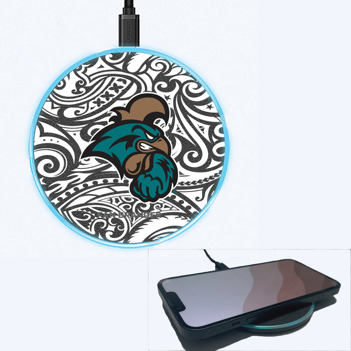 Fan Brander Grey 15W Wireless Charger with Coastal Carolina Univ Chanticleers Primary Logo With Black Tribal